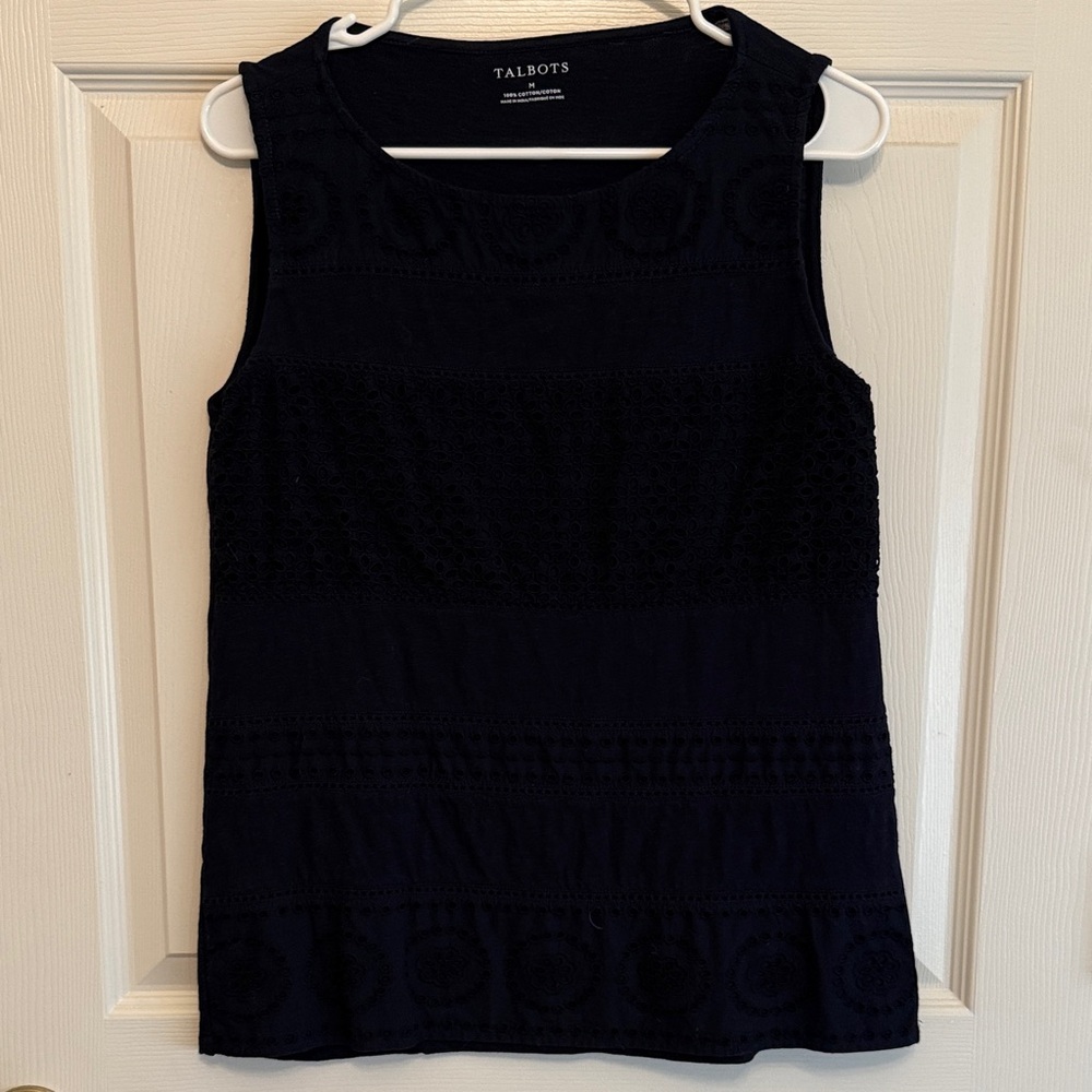 Talbots Deep Navy Sleeveless Eyelet Tank 100% Cotton Size M